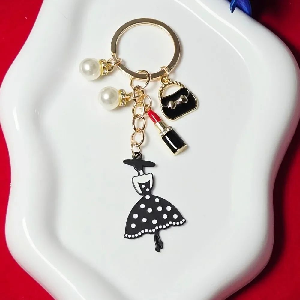 Gold Pearl Fashion Keyring – Handbag, Lipstick & Glam Charms Feminine Gift NWT